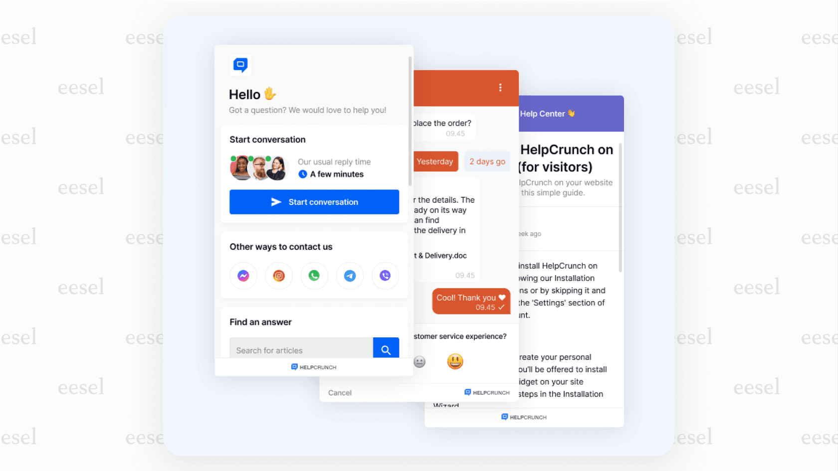 Screenshot showing the HelpCrunch branding on the chat widget, a key consideration for the Basic Helpcrunch pricing plan.