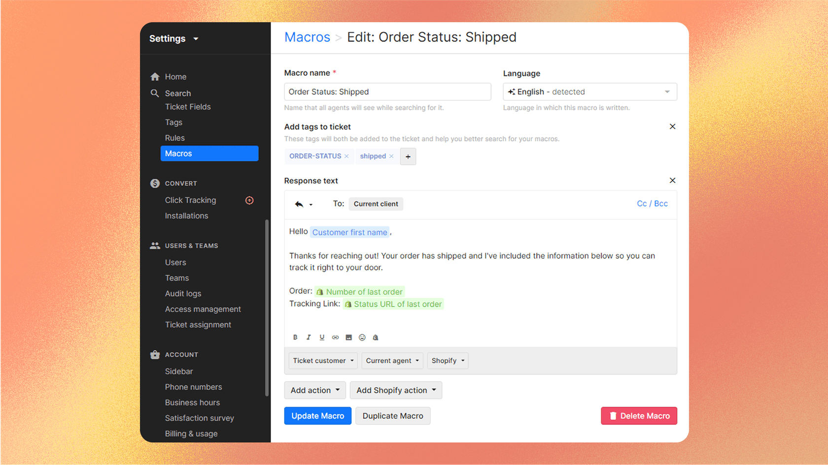 A screenshot for a Gorgias AI overview, displaying the AI's ability to perform Shopify actions like issuing a refund from the Gorgias helpdesk.
