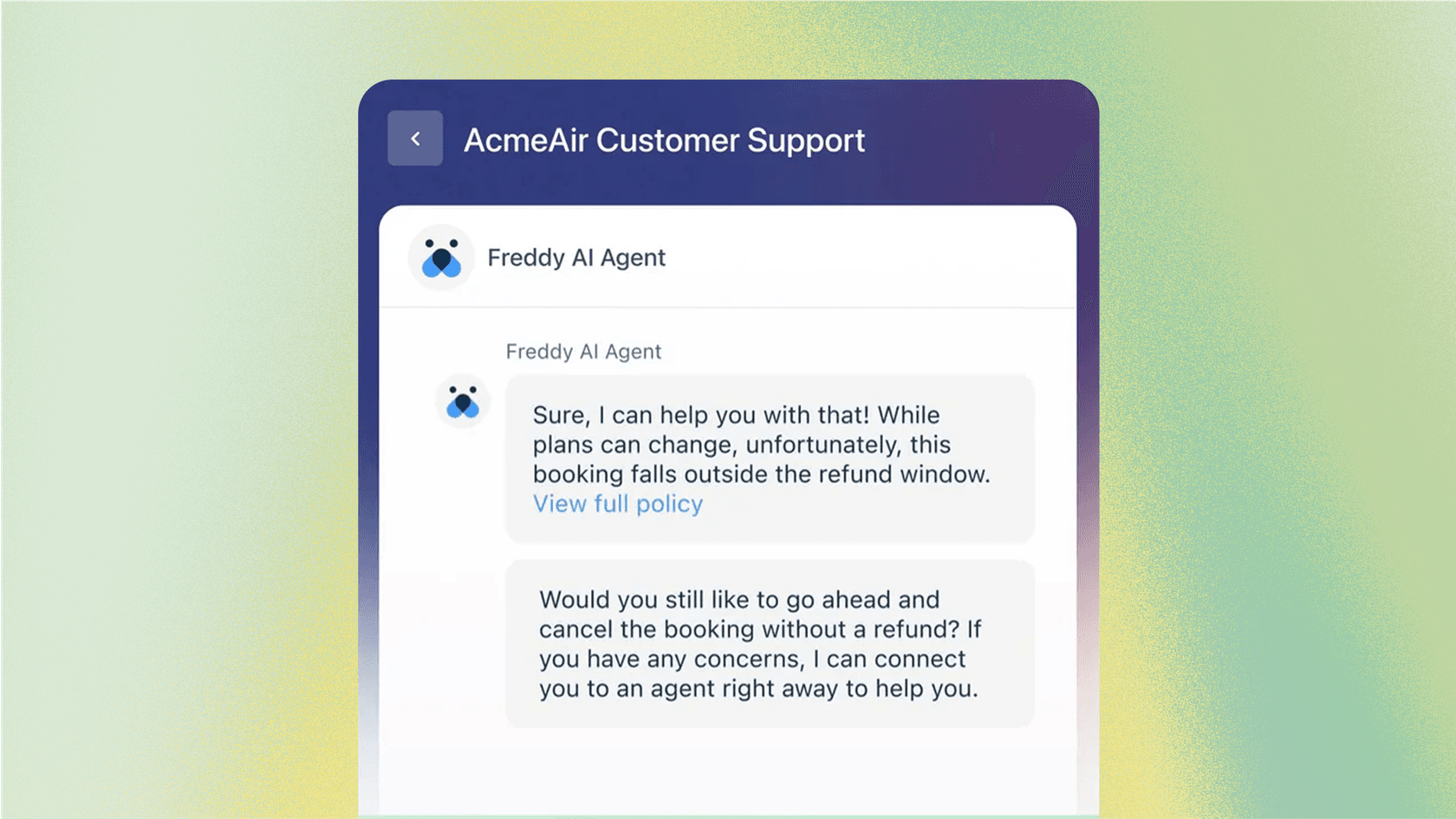 A screenshot from within the Freshdesk platform showing how the Freshdesk AI Email Agent deflects a ticket by providing an automated answer to a common question.