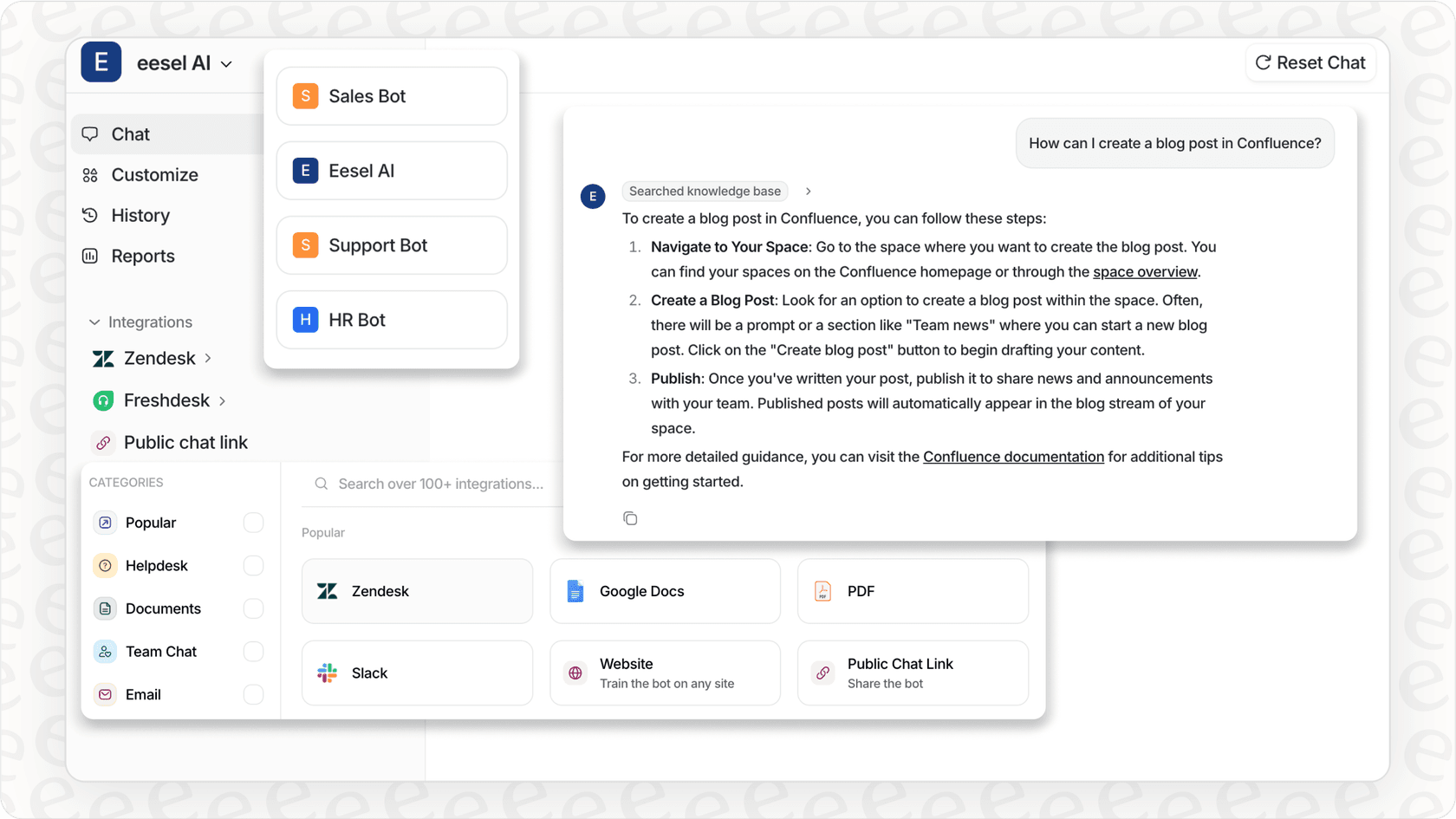 Screenshot of the eesel AI dashboard showing integrations and customization options for practical ai agent examples
