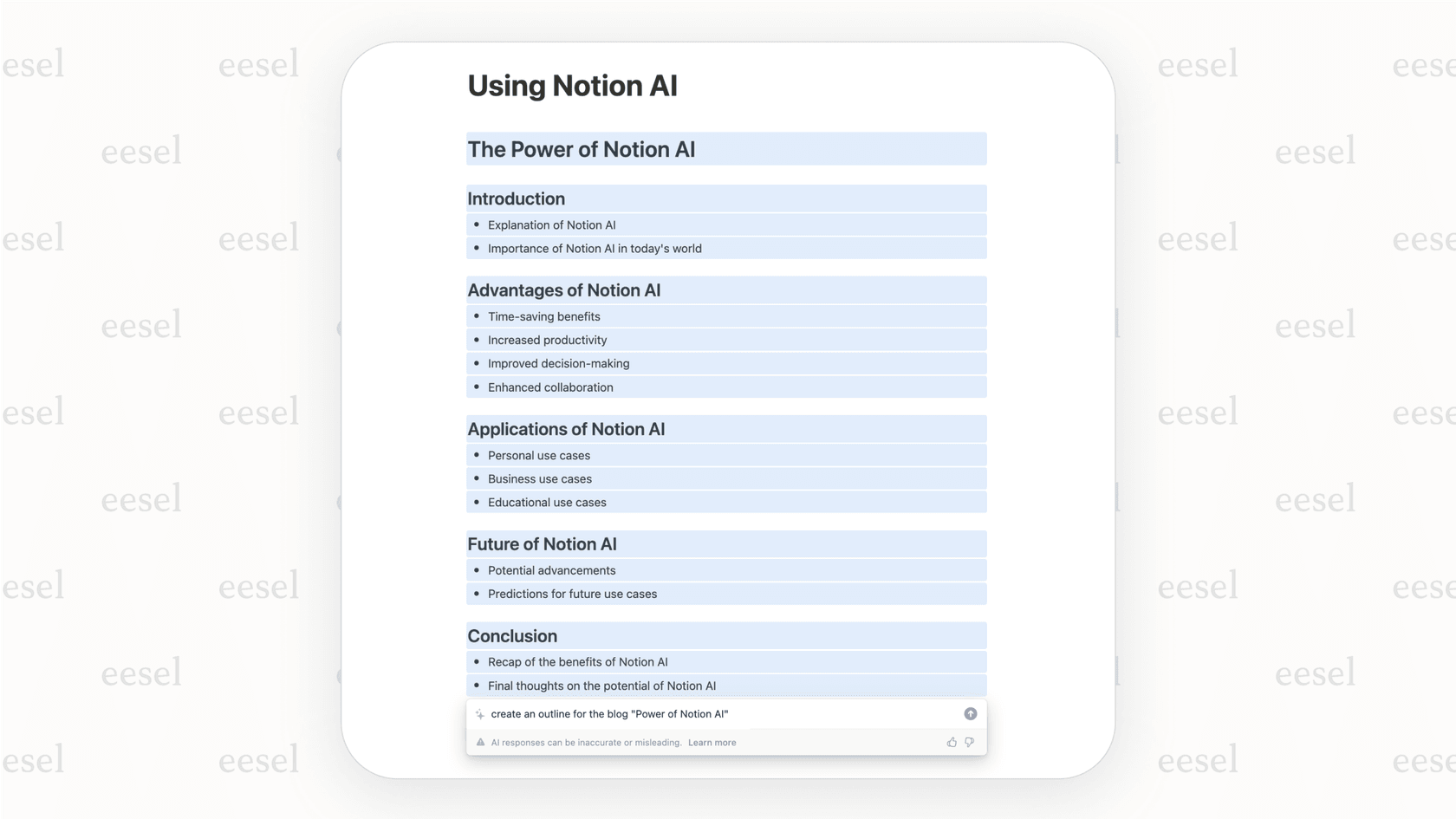 A screenshot demonstrating how a user can prompt Notion AI to write content, such as a blog post, directly within a Notion page.