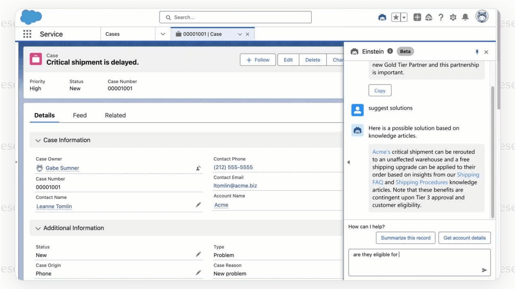 A screenshot showing the conversational assistant of Salesforce AI, Einstein Copilot, summarizing a sales record.