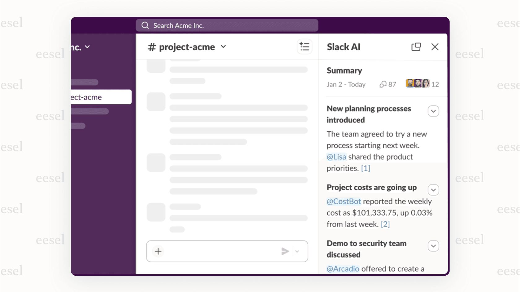 A screenshot showing how Slack AI can summarize a long thread to provide the key highlights and save users time.