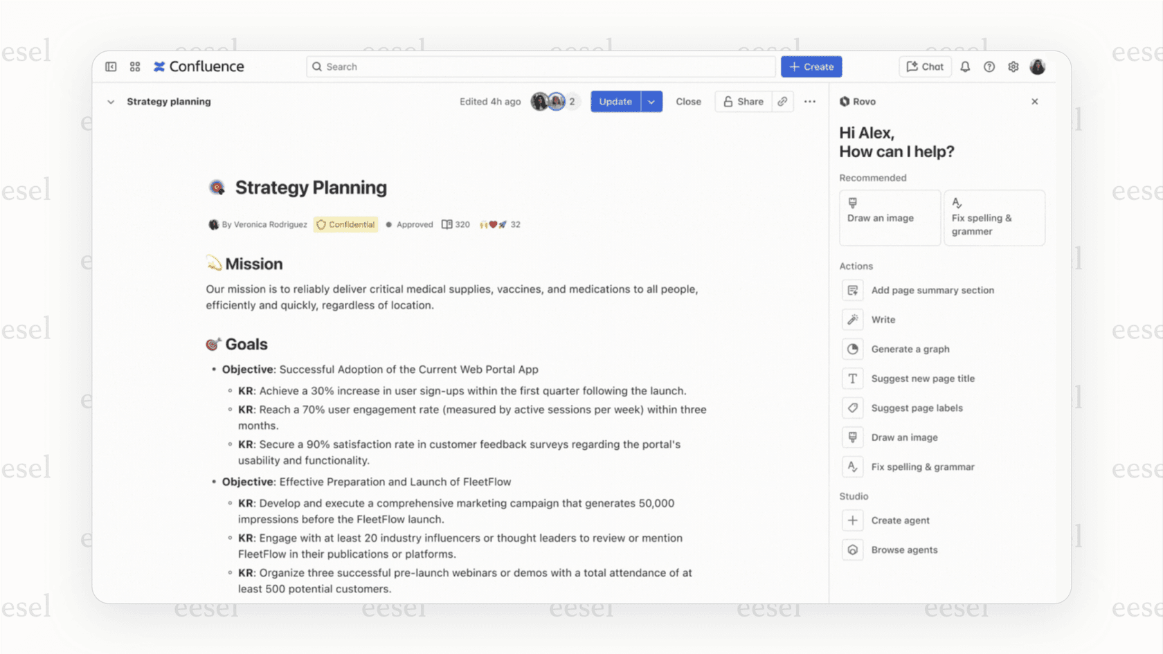 A user in Confluence summons a Rovo agent using the /ai command, showing the different assistance options Rovo offers.