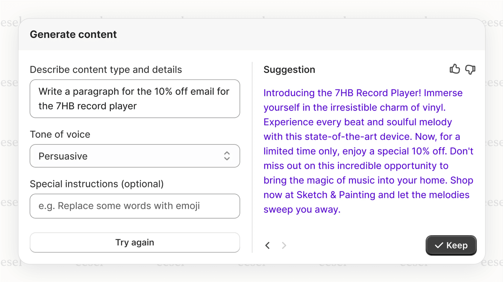 A screenshot of Shopify Magic, a Shopify AI tool, automatically generating a product description from a few keywords and special instructions.