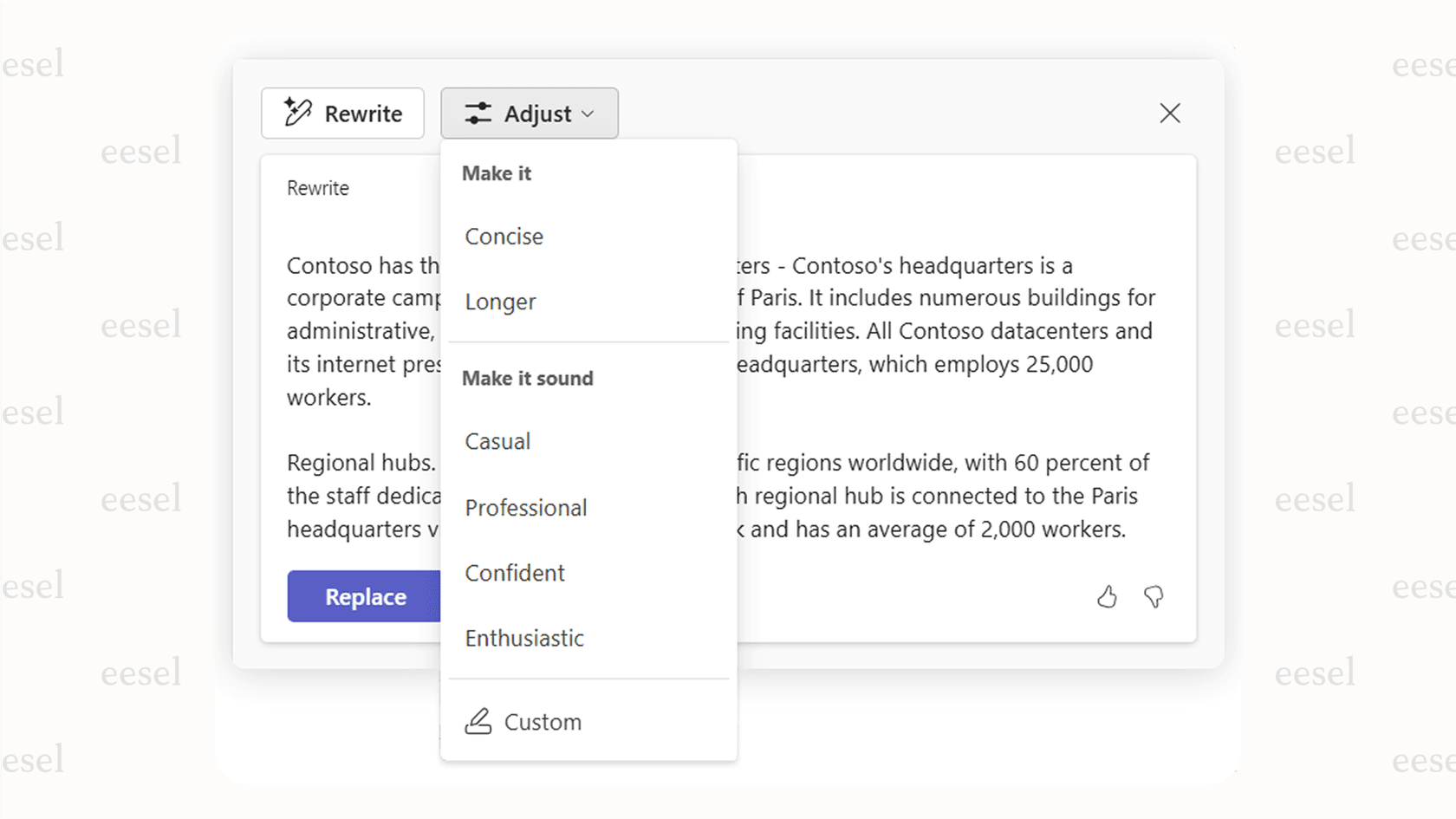 A user employing the "Rewrite with Copilot" tool to rephrase a message, demonstrating a key capability of Microsoft Teams ai in daily communication.