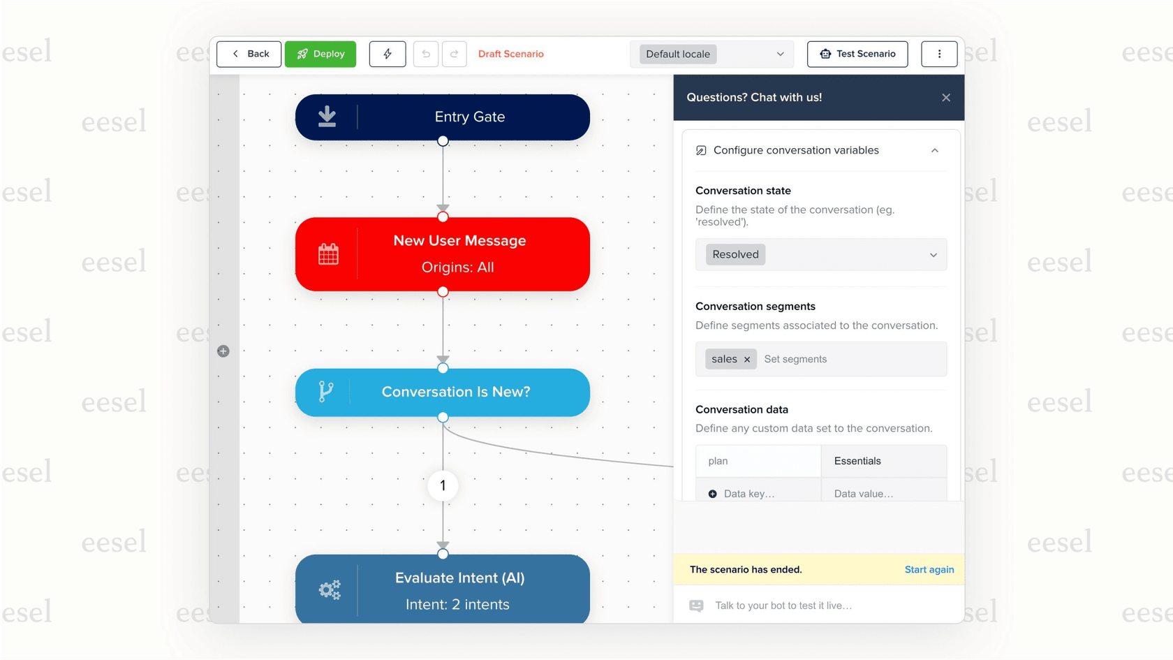 A closeup screenshot of the Crisp AI chatbot builder menu, highlighting the "MagicReply AI," "Helpdesk AI," and "AI Intent" action blocks.