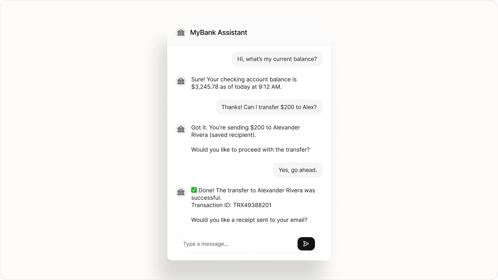 Screenshot of an ai in banking chatbot interface providing instant customer support.