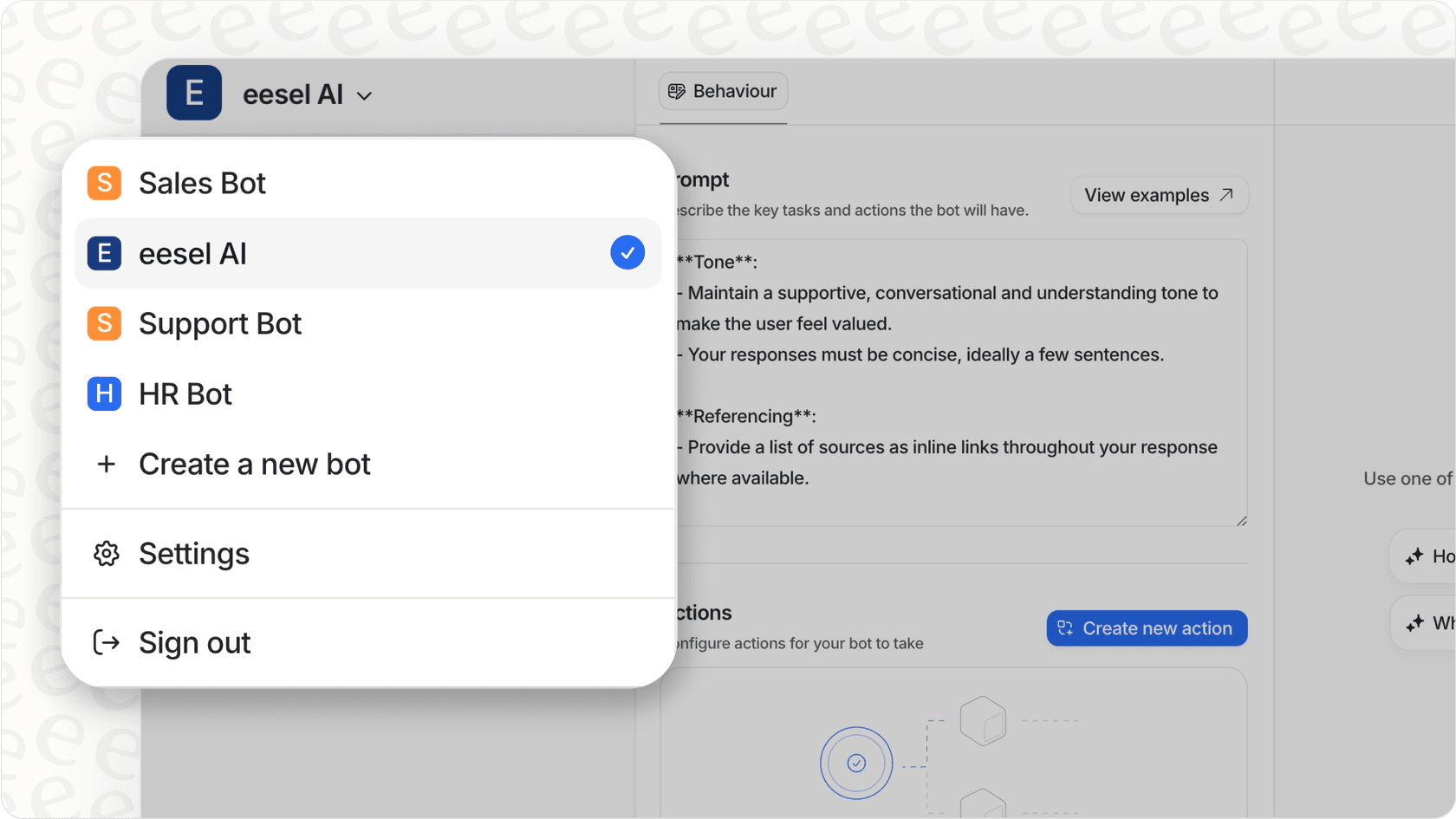 eesel AI interface for defining AI shopping assistant use cases and goals.