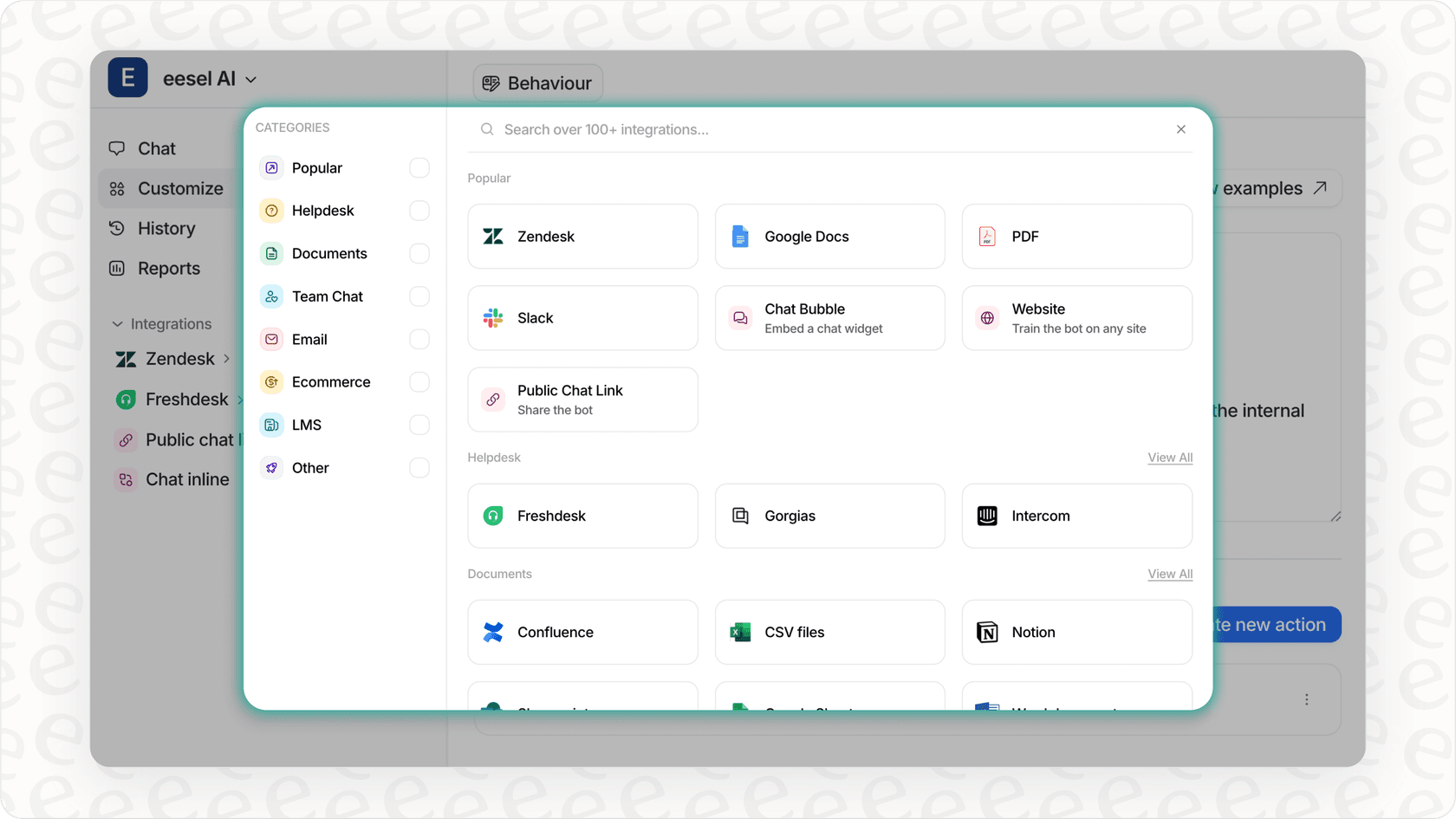 Screenshot of the eesel AI dashboard displaying the wide range of knowledge source integrations available for training, a key difference from platforms like Sierra AI.