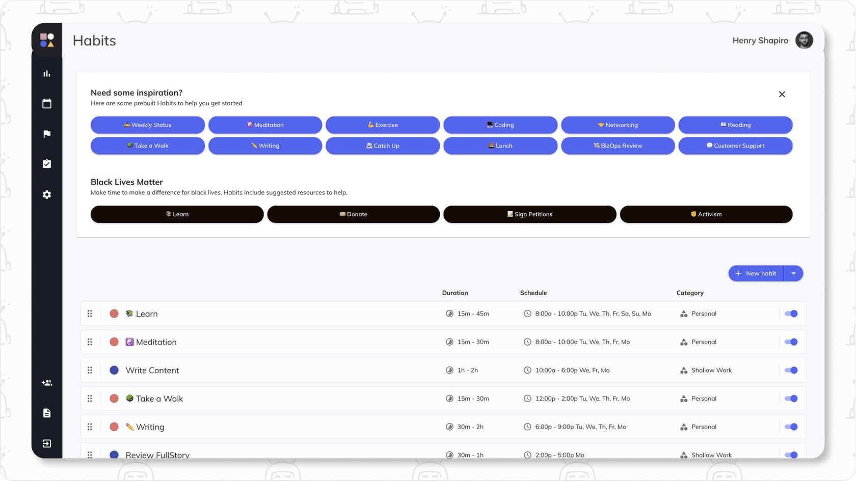 Reclaim app showing calendar blocks for focus time and habits, acting as an AI personal assistant.