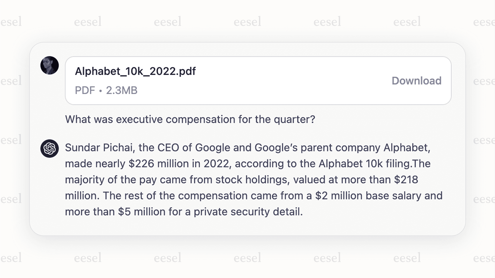A view of the file upload functionality in Forefront AI, which allows users to ask questions about their documents.