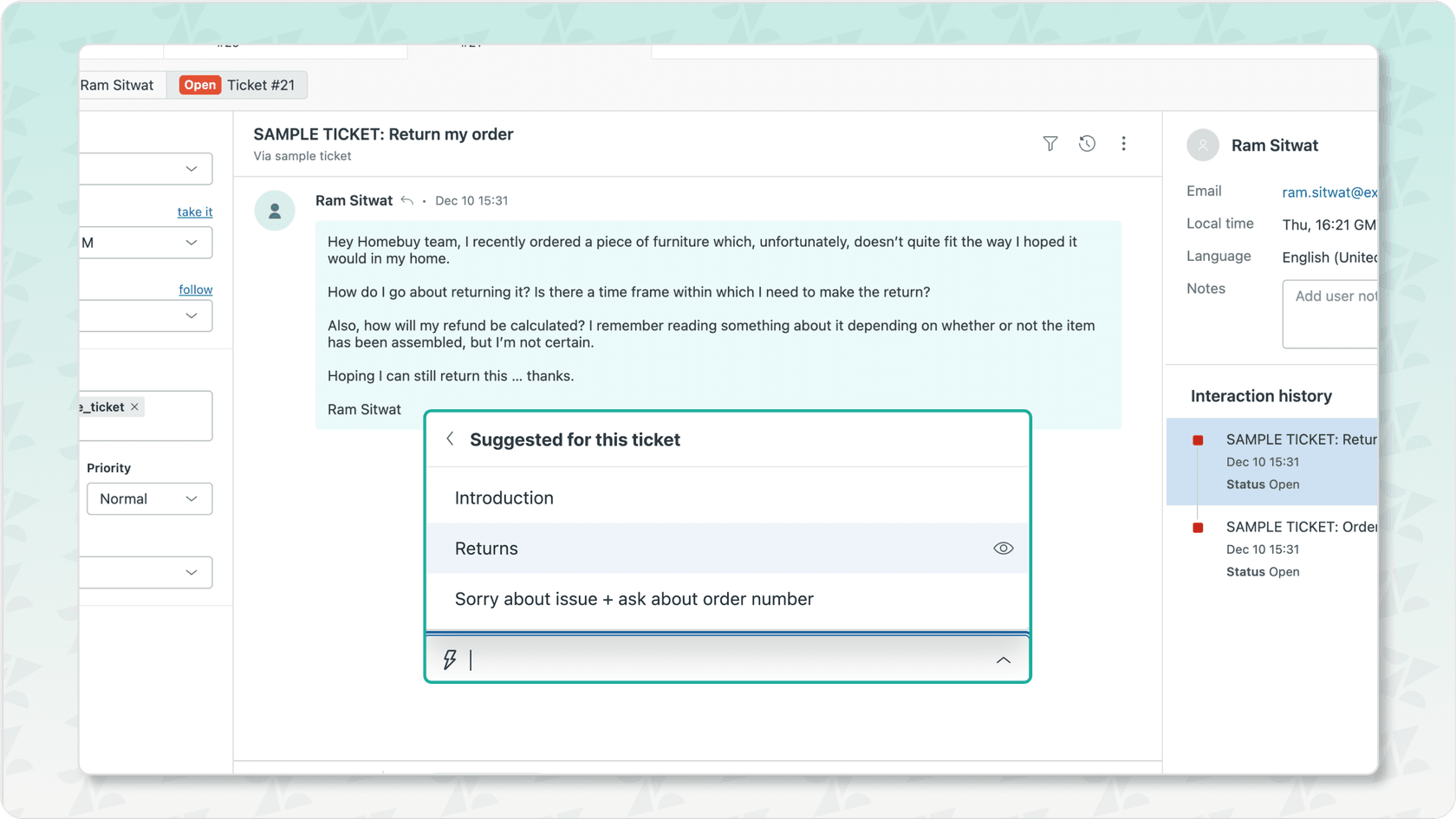 Screenshot of the Zendesk Agent Workspace displaying Suggested Macros, a helpful Zendesk AI capability for agents.