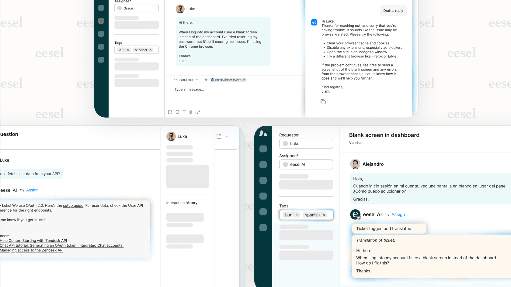 The dashboard of eesel AI, one of the top Sprinklr alternatives, highlighting its core features like AI Agent, AI Copilot, and AI Triage.