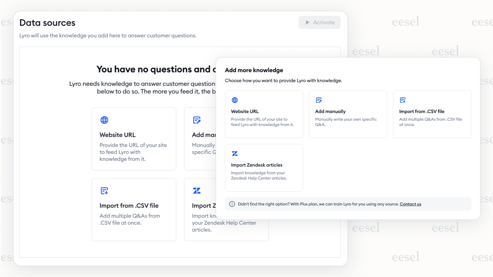 A screenshot of the Tidio AI dashboard showing the options to add knowledge sources, such as providing a website URL to scrape or adding FAQs manually.