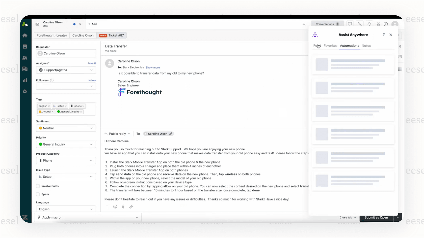A screenshot showing the Forethought Assist feature inside a help desk, with a sidebar displaying suggested responses, a ticket summary, and relevant knowledge base articles for a support agent.