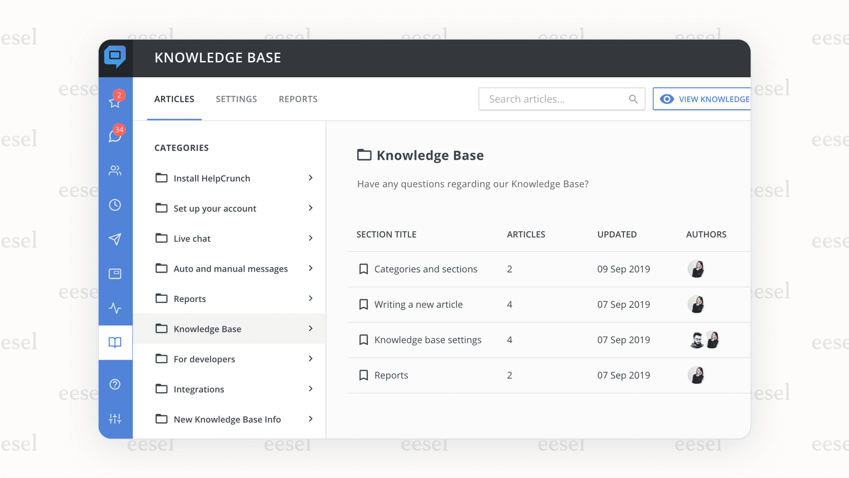 This Helpcrunch overview screenshot shows the simple editor for creating help center articles and organizing them into categories.