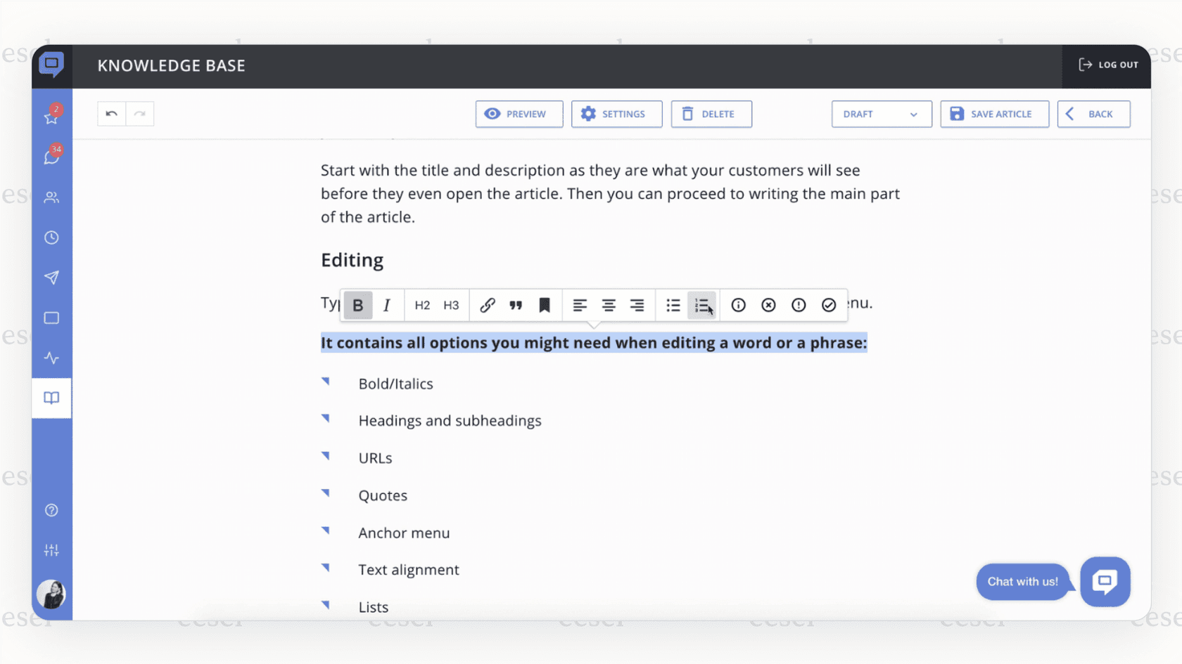 A screenshot of the AI Editor being used within the HelpCrunch knowledge base article creator, a feature analyzed in Helpcrunch reviews.