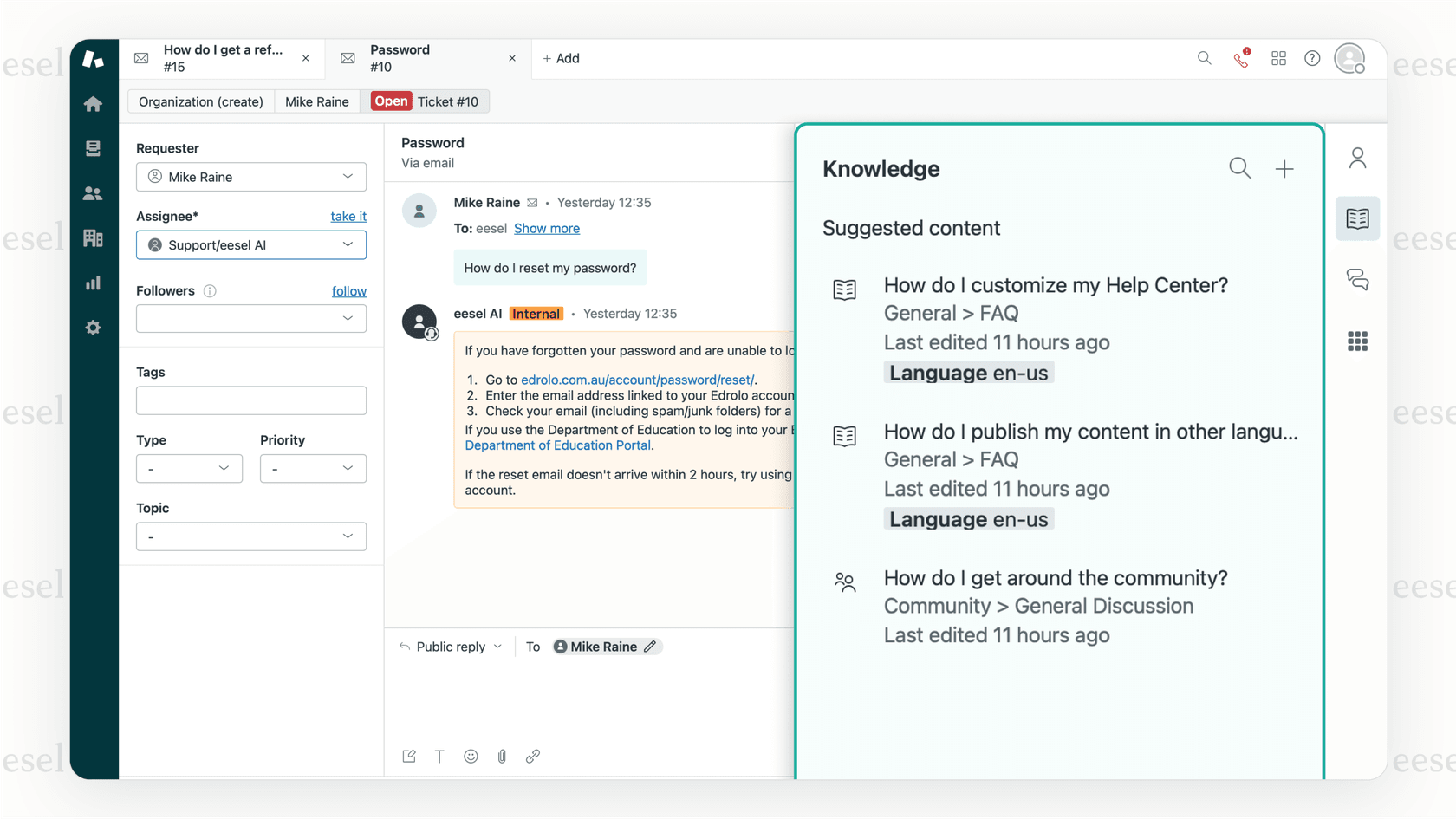 The eesel AI interface demonstrating how it functions as an AI layer on top of an existing help desk, a key feature for those considering Helpcrunch alternatives.