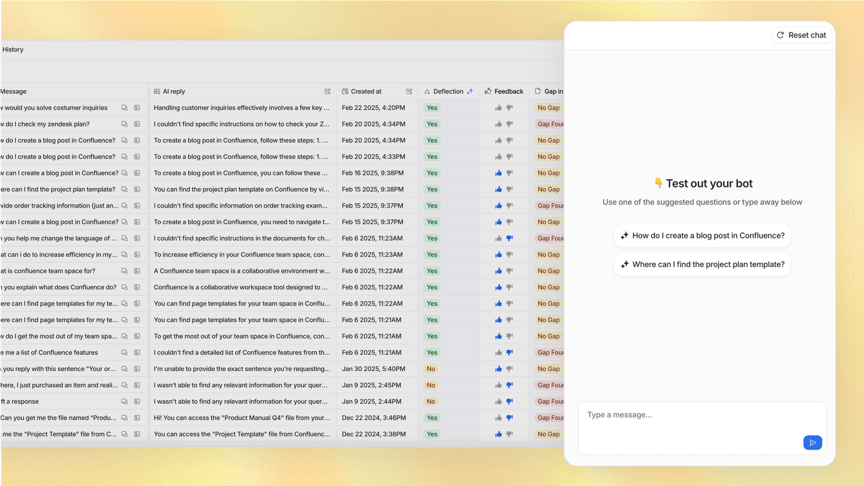 A screenshot mentioned in our Yellow.ai reviews showing how eesel AI lets you test AI performance on past tickets in a safe environment.