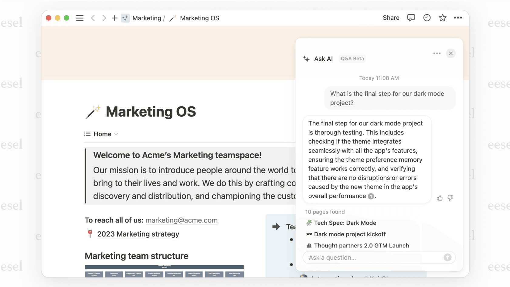 The Notion AI Q&A feature summarizing a document, showing how the AI can extract key points from information stored in the workspace.