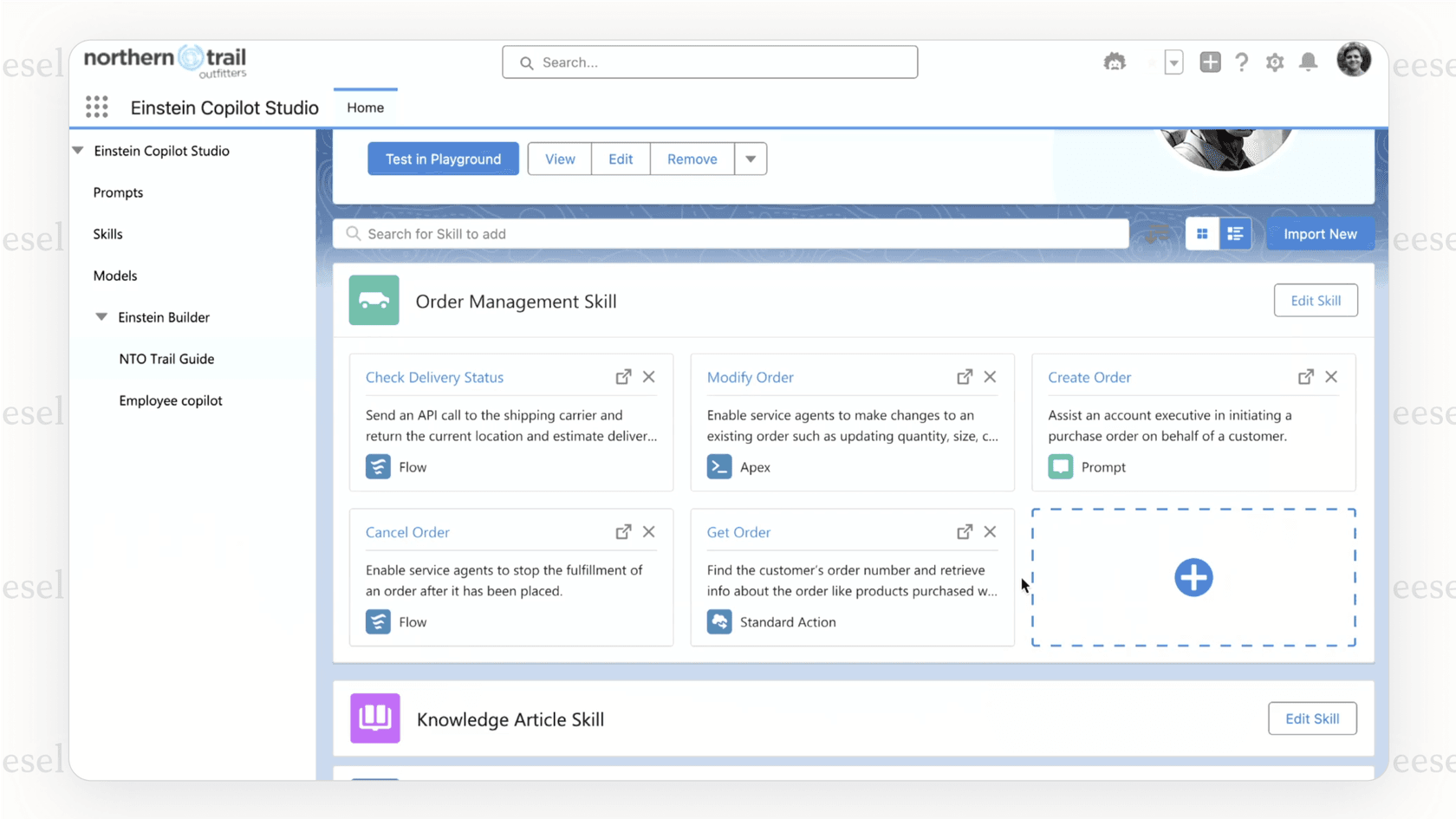 A screenshot of the Salesforce AI Copilot Studio, showing the tools available for admins to build prompts, skills, and models.