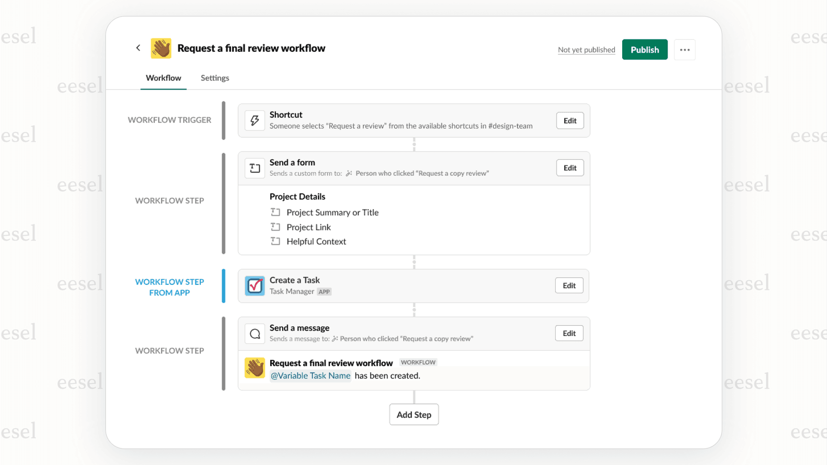 A view of the Slack AI workflow builder, where a user describes a task in plain English and the AI automatically creates the automation steps.