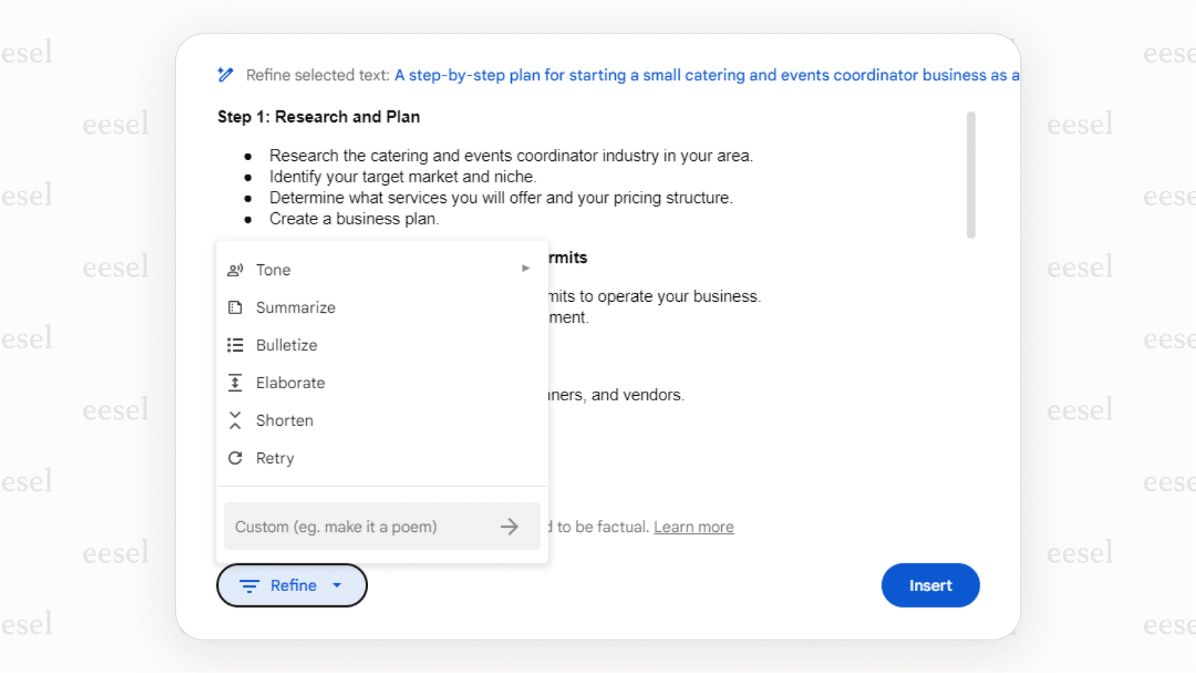 The menu for the Google Docs AI "Refine" feature, showing options to change tone and length of a selected paragraph.