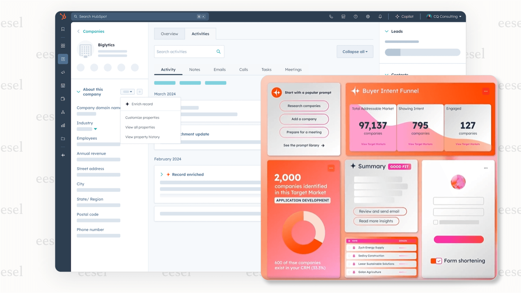 Side-by-side comparison showing a sparse HubSpot company record on the left with only a name, and the same record on the right now filled with data like industry, revenue, and employee count by the HubSpot AI.