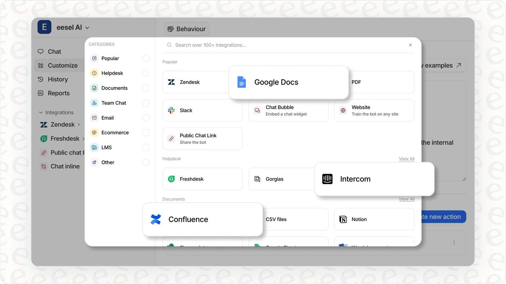 Screenshot of eesel AI dashboard showing available data source integrations for contact center AI training.