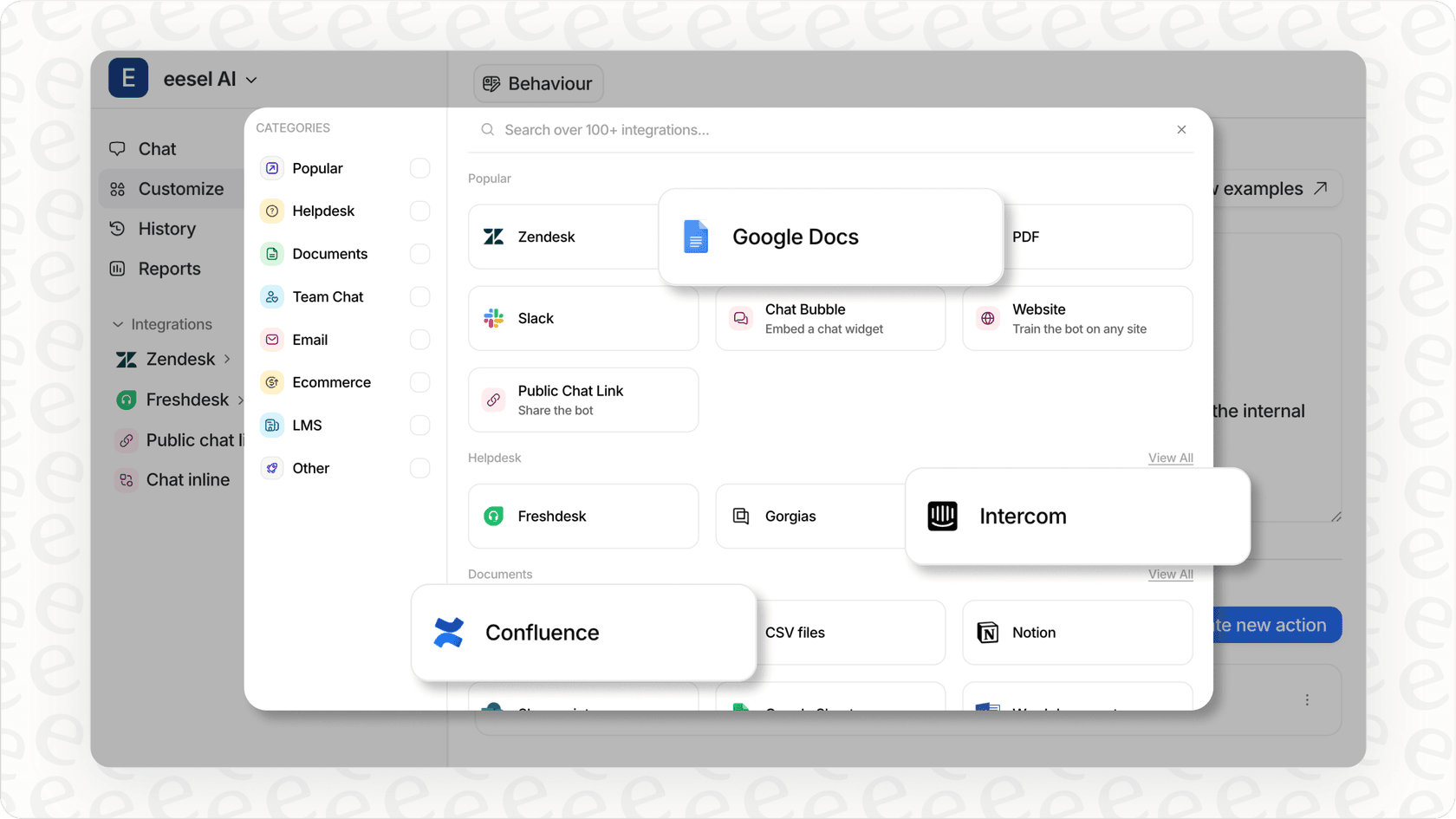 Screenshot of eesel AI's integrations page, showing how it connects to various sources to enhance its agentic definition capabilities.