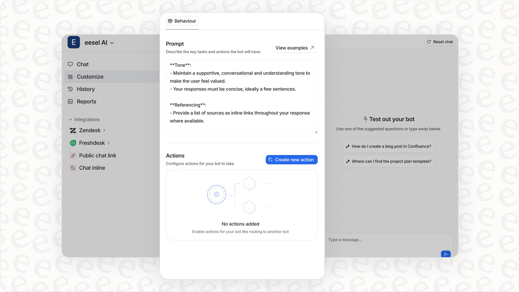 eesel AI interface for customizing conversational AI responses, showing options for defining instructions, tone, and actions.