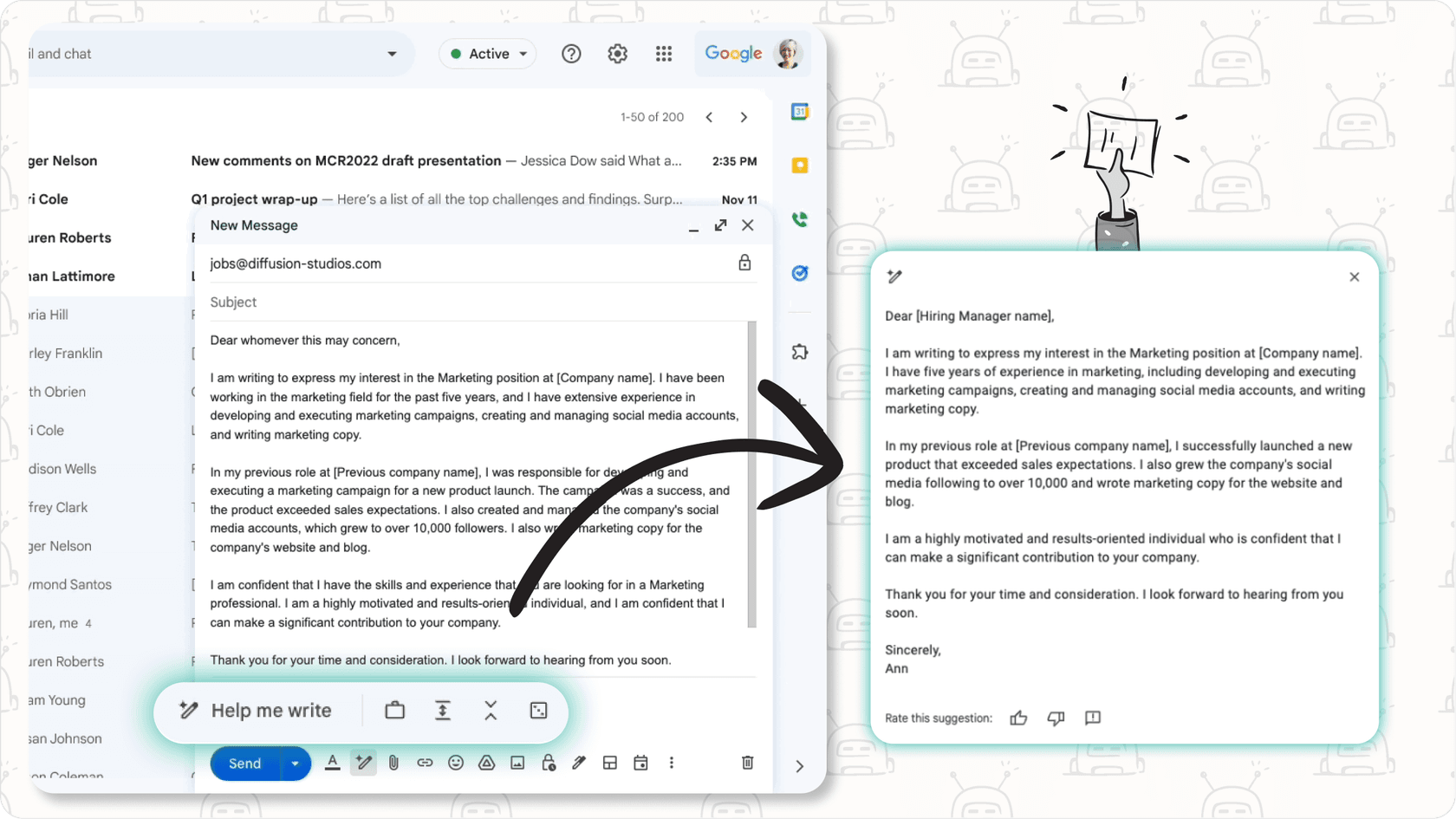 Screenshot demonstrating content generation and communication assistance AI assistant capabilities.