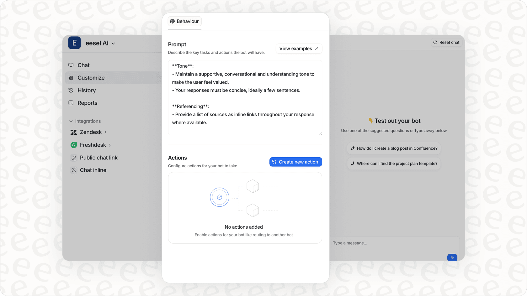 Screenshot of the eesel AI dashboard showing the section for customizing AI bot prompts and actions, offering deeper control than some alternatives to Sierra AI.