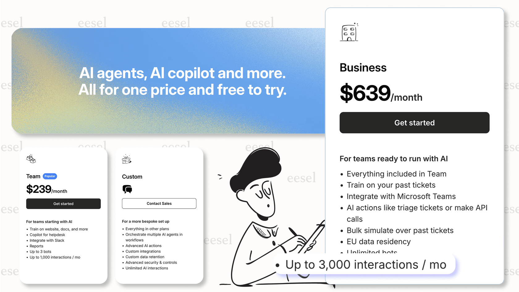 Screenshot of the eesel AI website's public pricing page, which serves as a transparent alternative to the opaque Decagon pricing model.