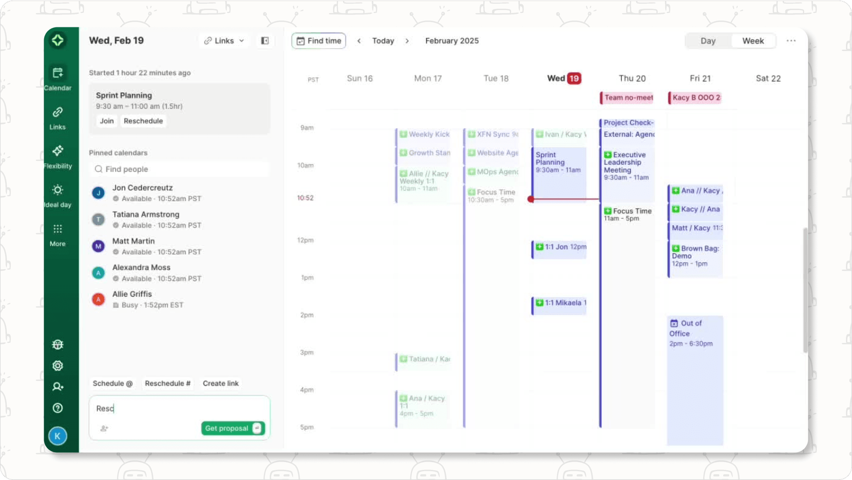 Clockwise team calendar view optimizing schedules for focus time, powered by an AI personal assistant.