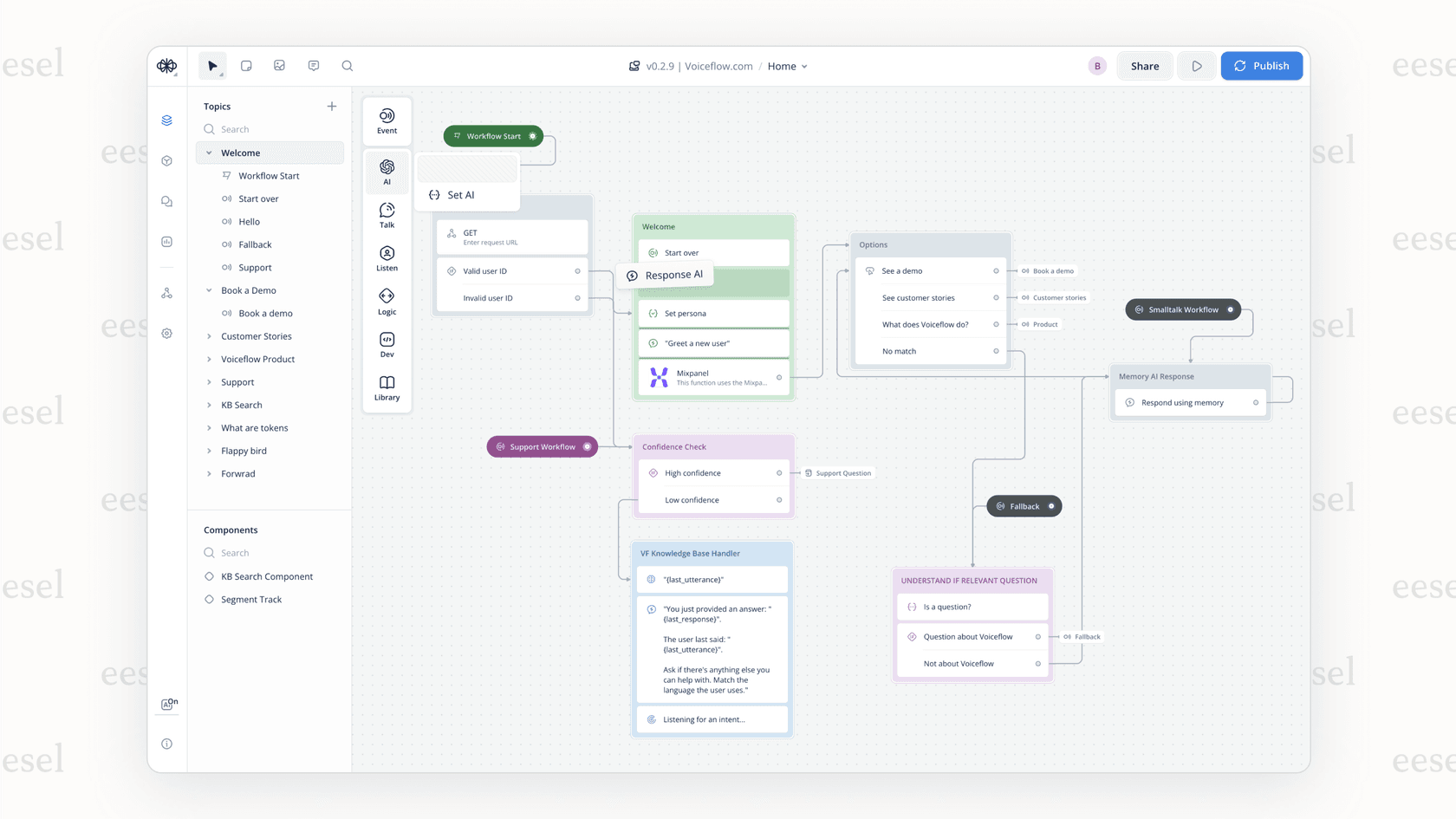 A screenshot of the Voiceflow no-code interface, a collaborative tool among Decagon alternatives, showing a customer support conversation being designed on a canvas.