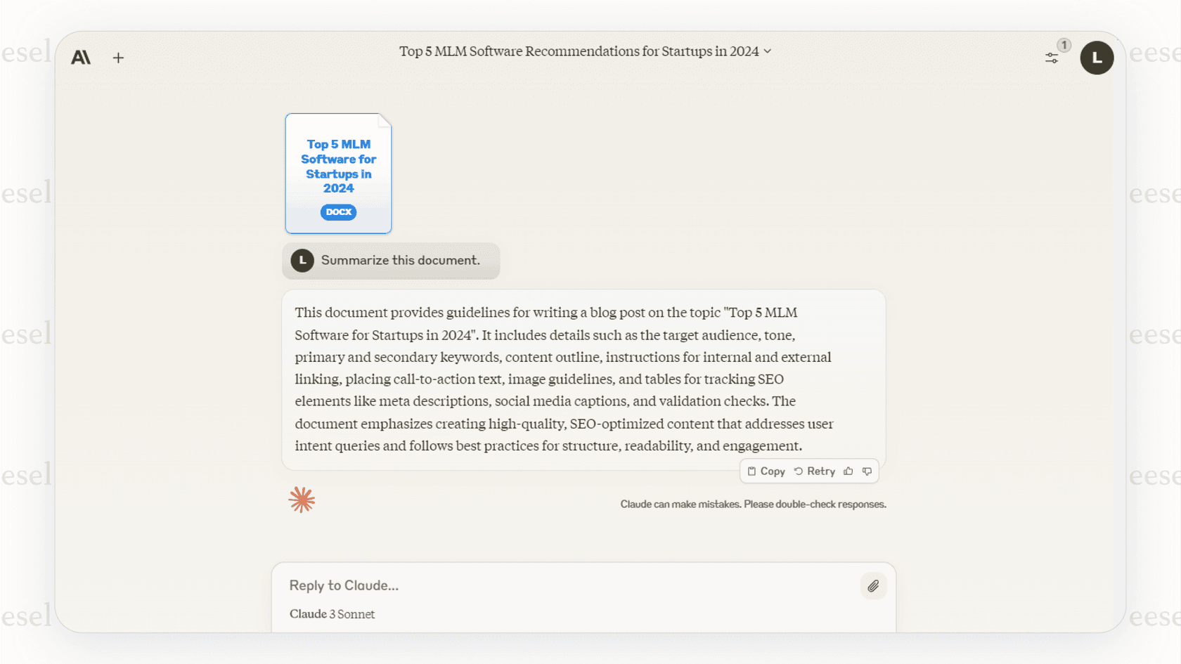 The Claude AI interface showing a summary of a large file, highlighting the model's large context window, making it a safe and capable option in the list of Forefront AI alternatives.