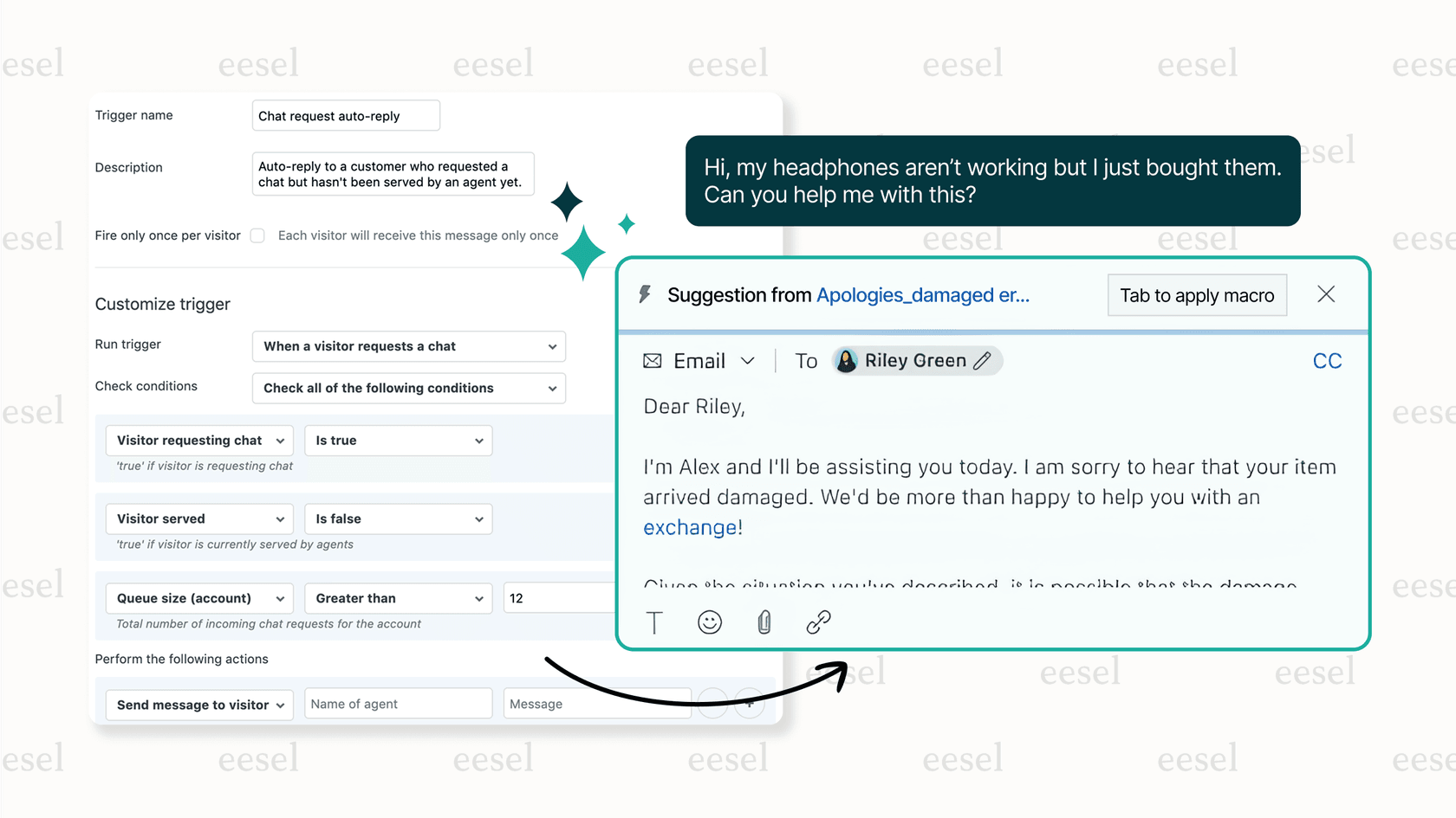A screenshot of the Zendesk agent interface, a popular Sprinklr alternative, where the AI sidebar is shown suggesting a relevant macro for a support ticket.