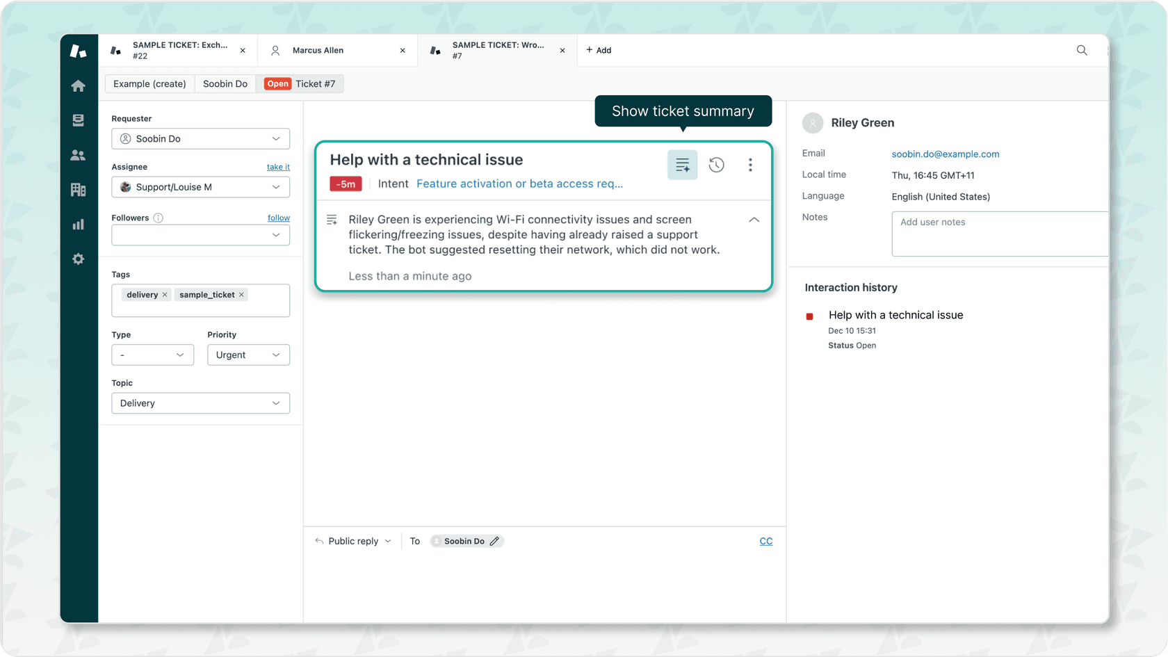 Screenshot of the Zendesk Agent Workspace showing an AI-generated summary of a ticket, a useful Zendesk AI capability.