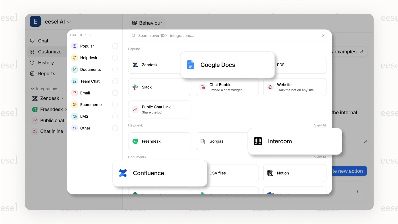 A screenshot of the eesel AI integrations page, an alternative approach to the all-in-one platform model that drives up Sprinklr pricing.