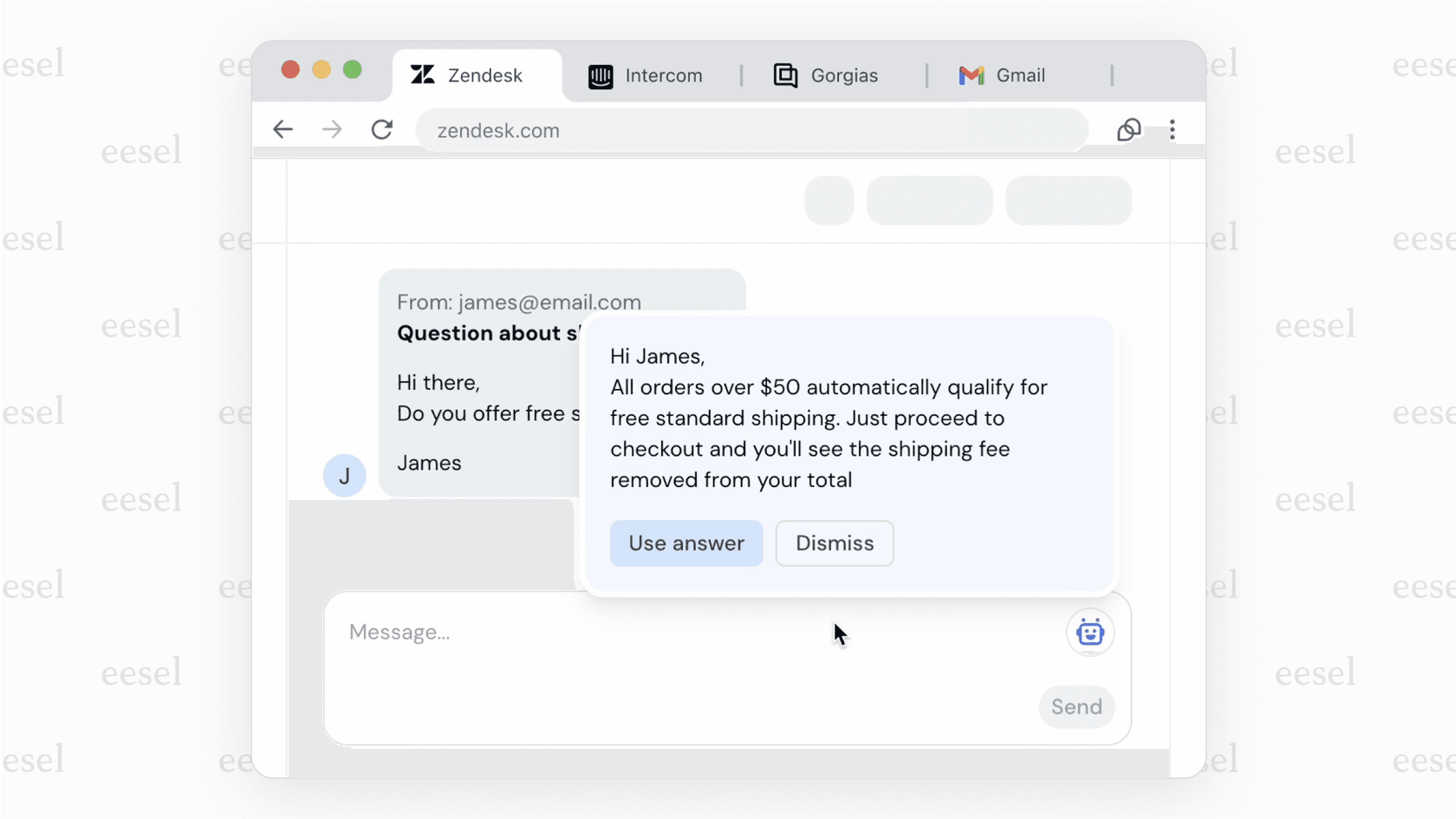 A screenshot showing the Tidio AI Copilot suggesting a reply to a support agent within the Tidio helpdesk ticket view.