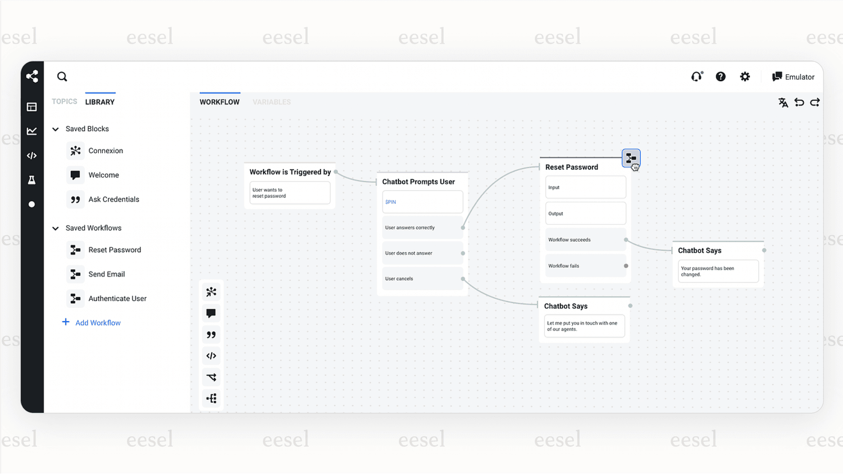 A screenshot of the Botpress visual flow builder interface, demonstrating how developers using Chatbase alternatives can create complex conversational logic with nodes, branches, and integrations.