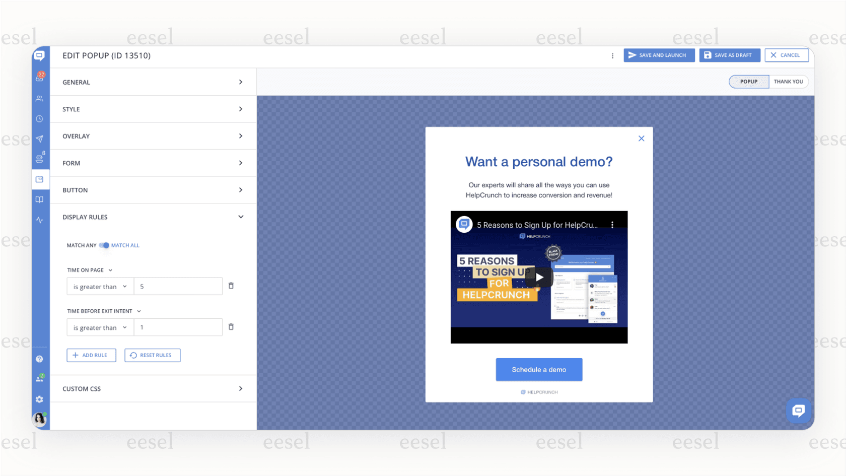 A screenshot for the Helpcrunch overview demonstrating how to create a customer engagement popup within the platform.