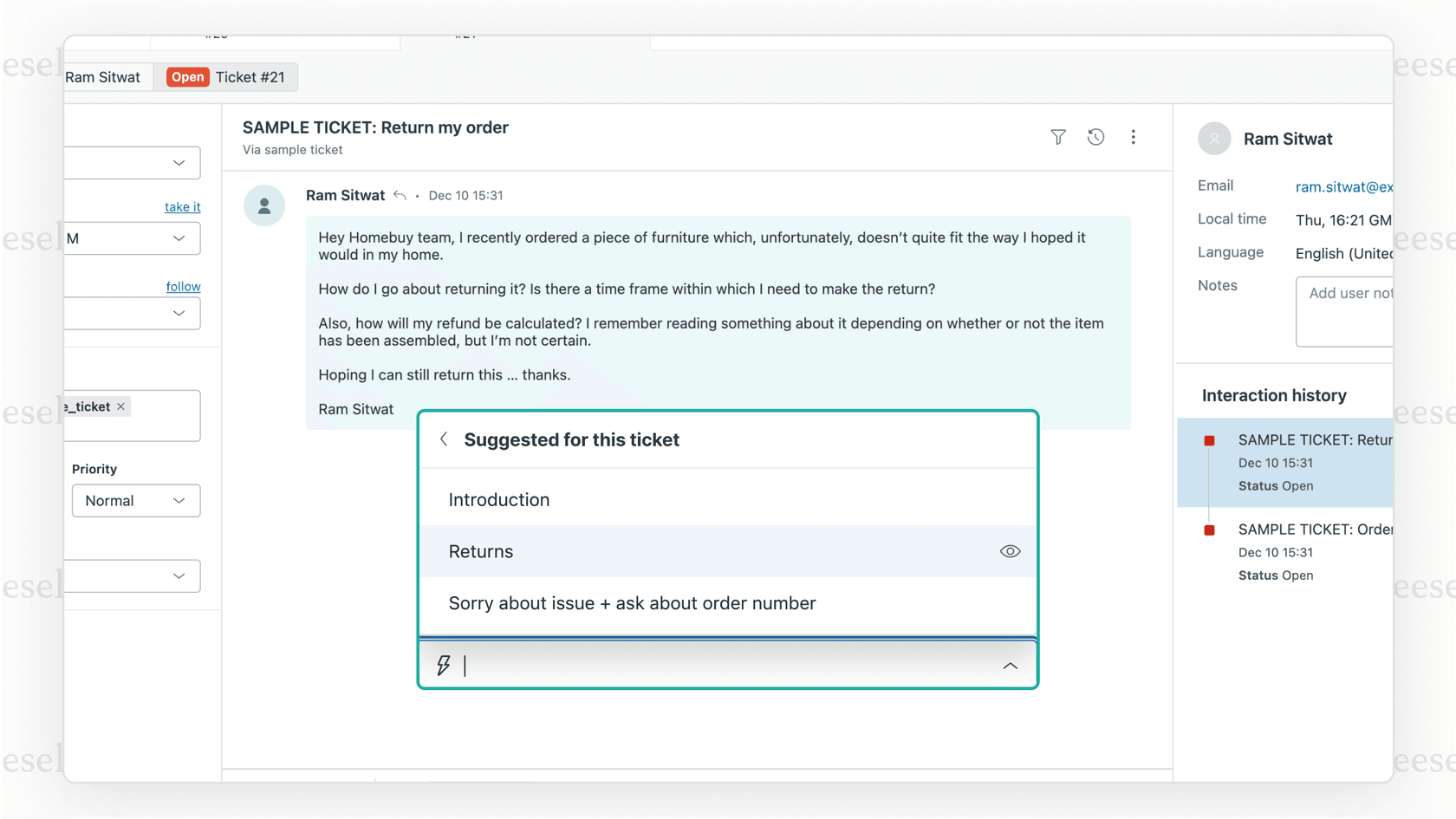 A screenshot of the Zendesk ticketing system showing its AI features in action, an important consideration for teams evaluating Helpcrunch alternatives.