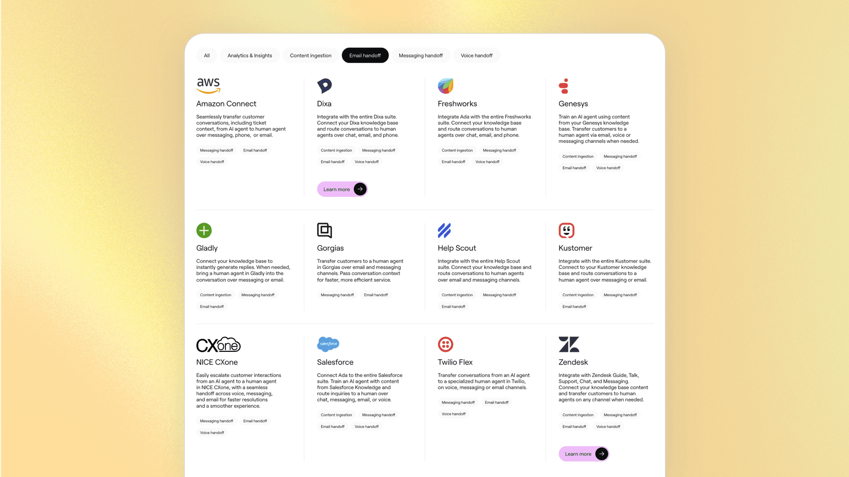Screenshot for this Ada CX overview showing the Ada integrations marketplace with various third-party application logos.