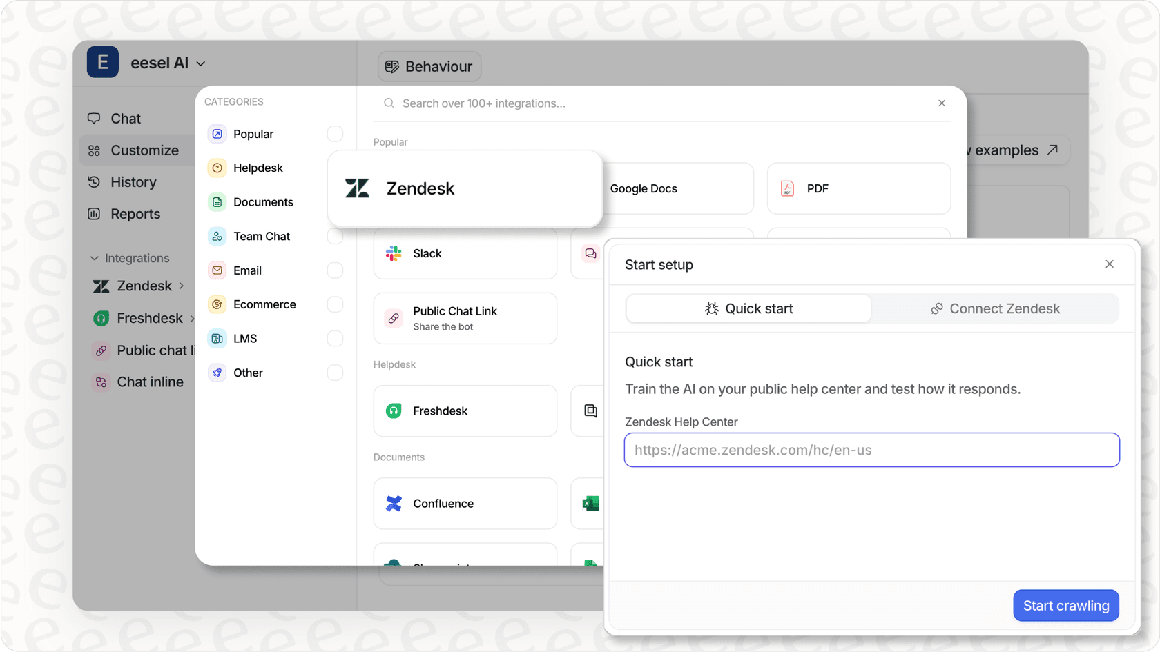 Screenshot of the eesel AI dashboard showing integrations and configuration for bot or human actions.