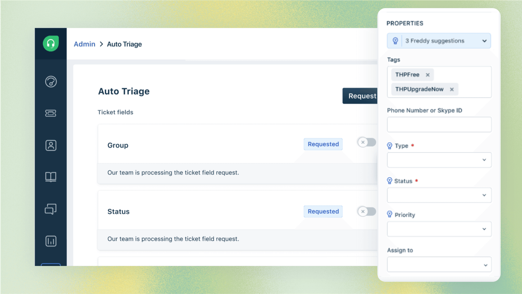 A screenshot showing the Freshdesk AI Auto Triage feature automatically suggesting ticket properties like priority and group to streamline helpdesk management.
