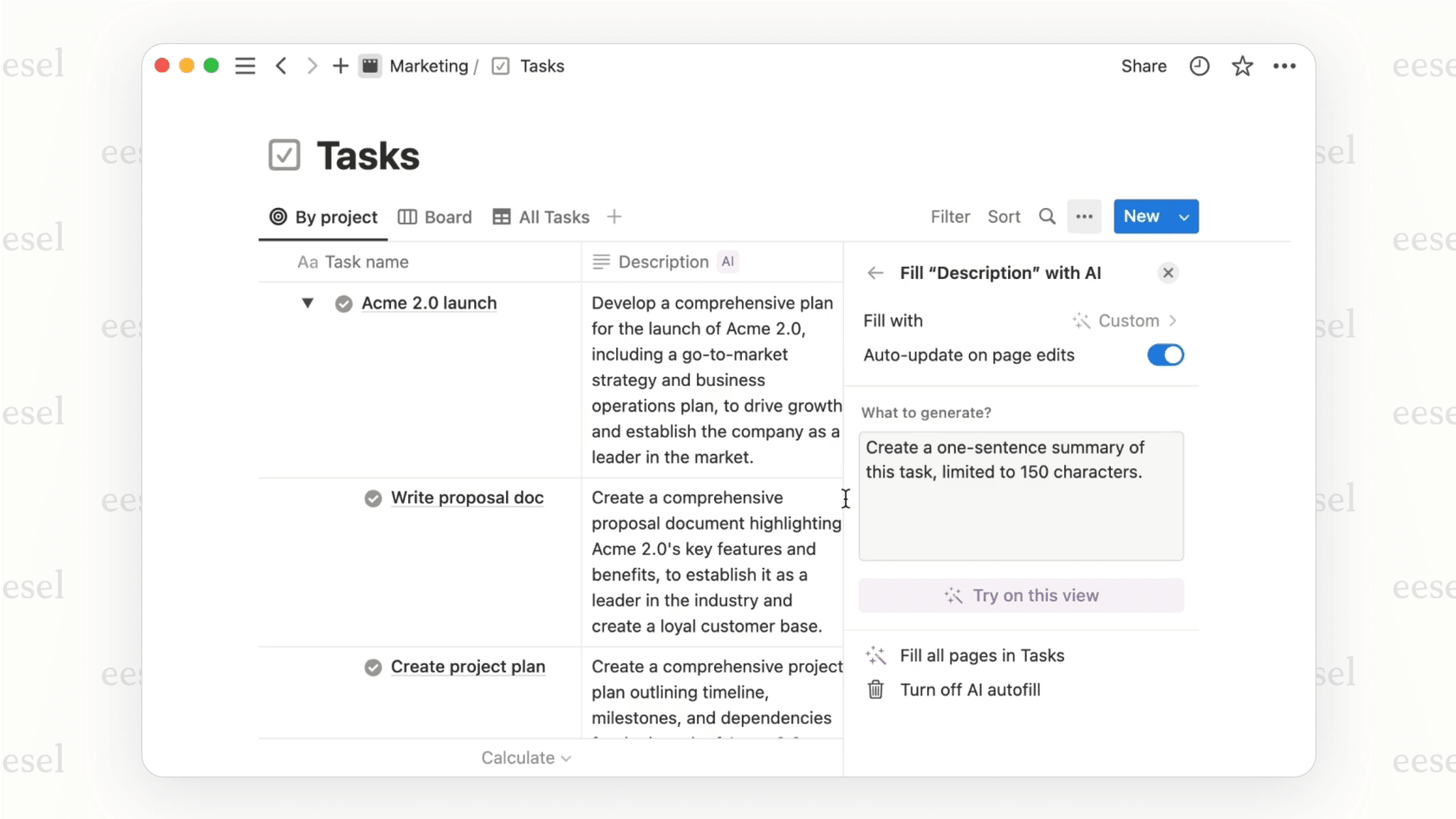 A demonstration of Notion AI suggesting relevant fields and properties to quickly build a new database, such as a project tracker or content calendar.