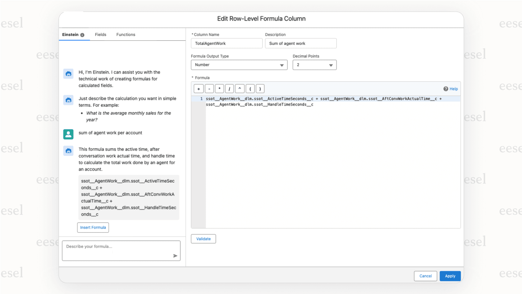 A screenshot of the Salesforce AI feature Einstein for Formulas converting a natural language request into a complex formula.
